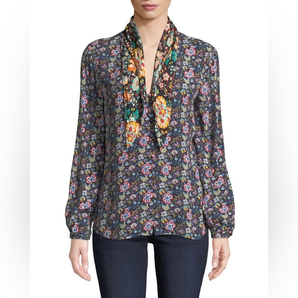 FRAME Open Scarf V-Neck Long-Sleeve Floral-Print Blouse - Picture 3 of 14